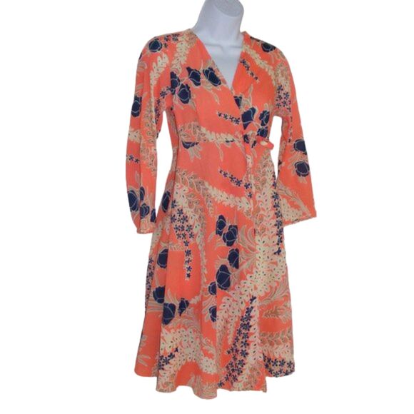 LORD & TAYLOR Robe, XXS, Wrap, Orange/Blue floral, long sleeves - Picture 2 of 8